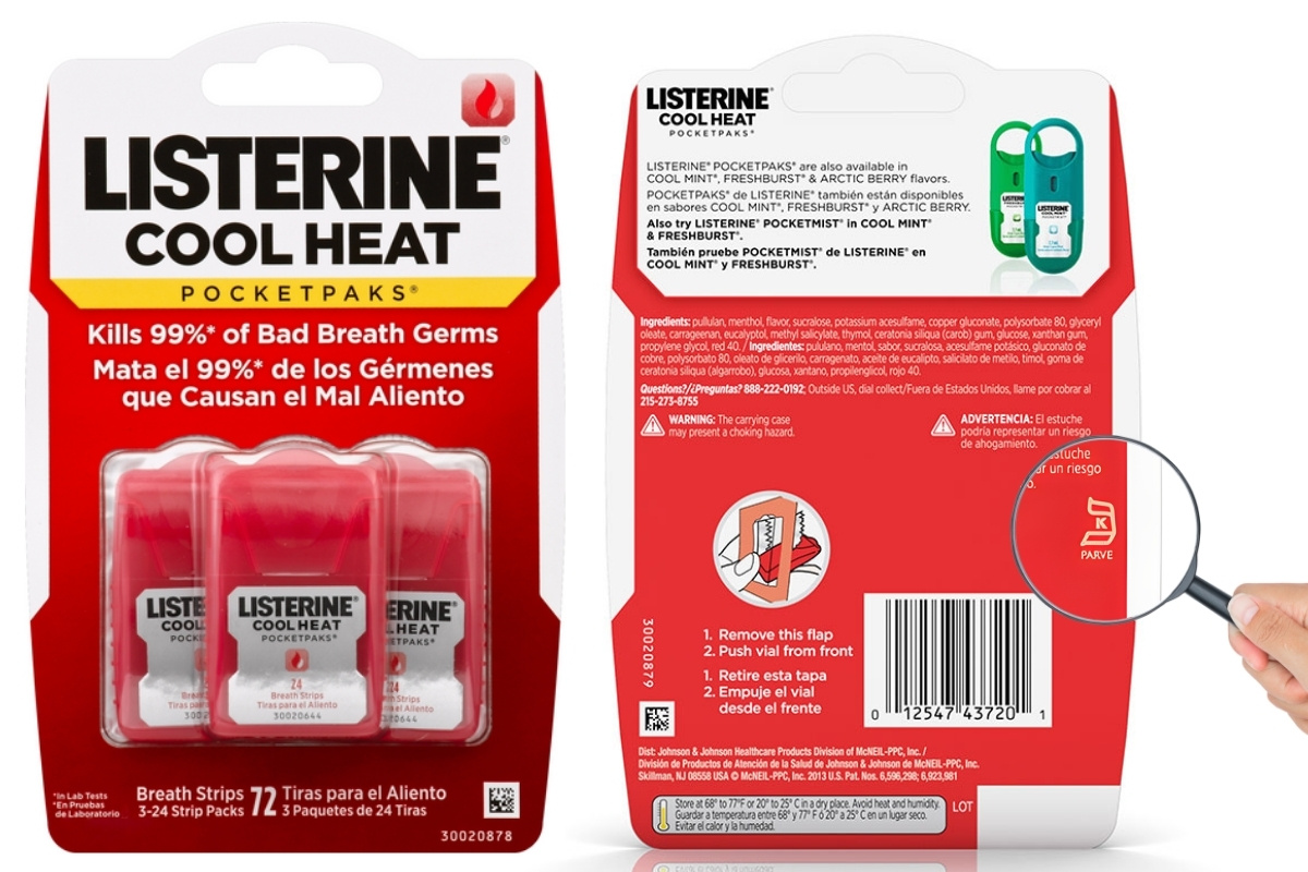 Logo Kosher trên bao bì sản phẩm của Listerine Cool Heat Pocketmist