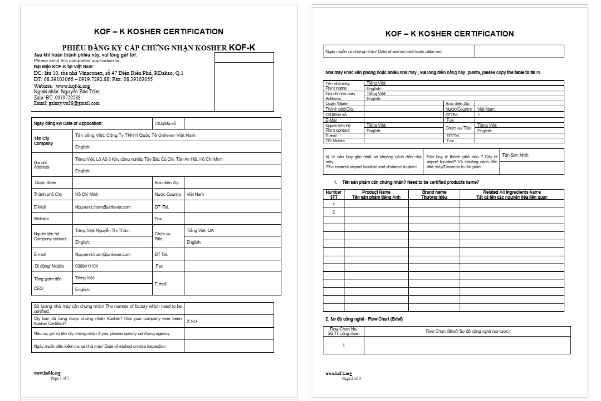 Mẫu đơn đăng kí trực tuyến của KOF-K Kosher