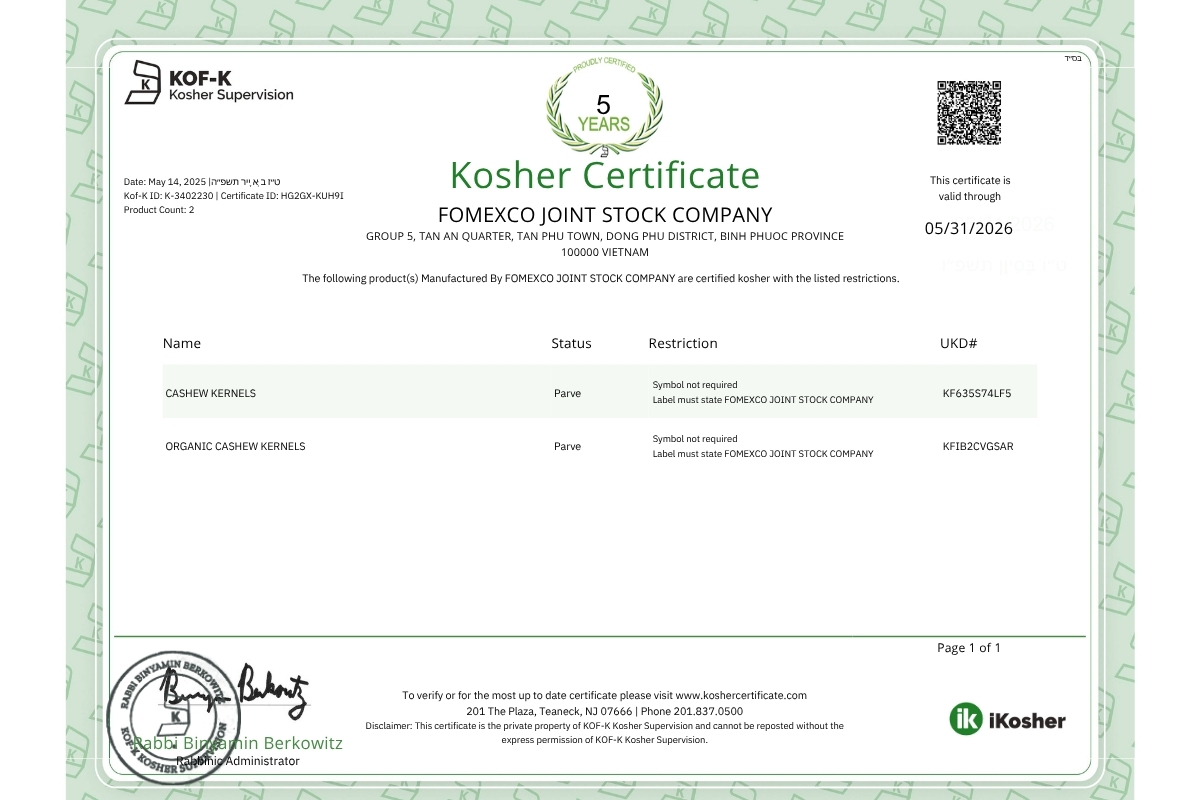 Mẫu tham khảo chứng nhận Kosher của tổ chức KOF-K