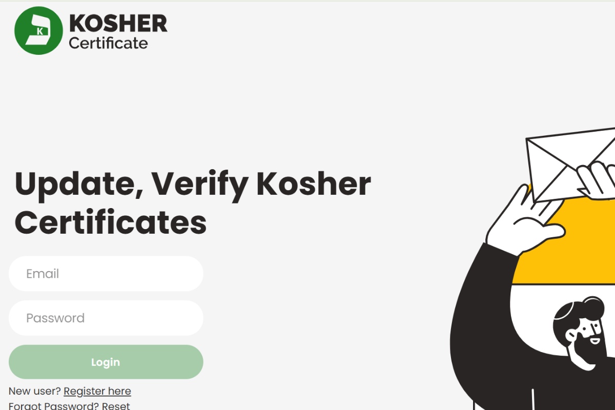 Giao diện trang web đăng nhập chứng chỉ Kosher