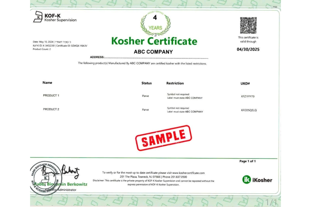 mẫu chứng nhận Kosher của KOF-K