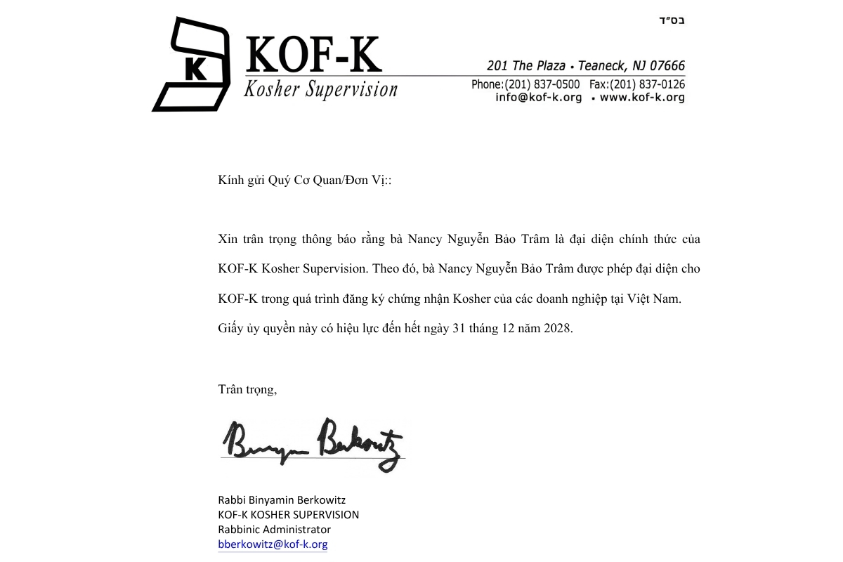 Bản dịch Thư ủy quyền KOF-K Kosher Vietnam - Nancy Nguyen Bao Tram