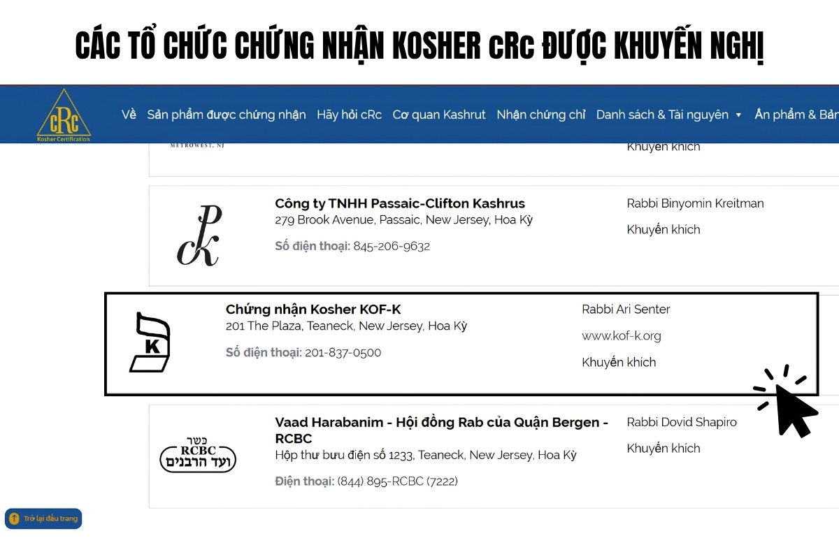 KOF-K là tổ chức chứng nhận Kosher được cRc khuyến nghị