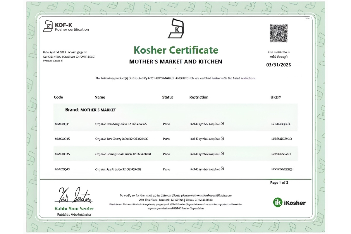 Mẫu chứng nhận Kosher do KOF cấp