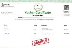 Mẫu chứng nhận đạt điều kiện Kosher của KOF-K