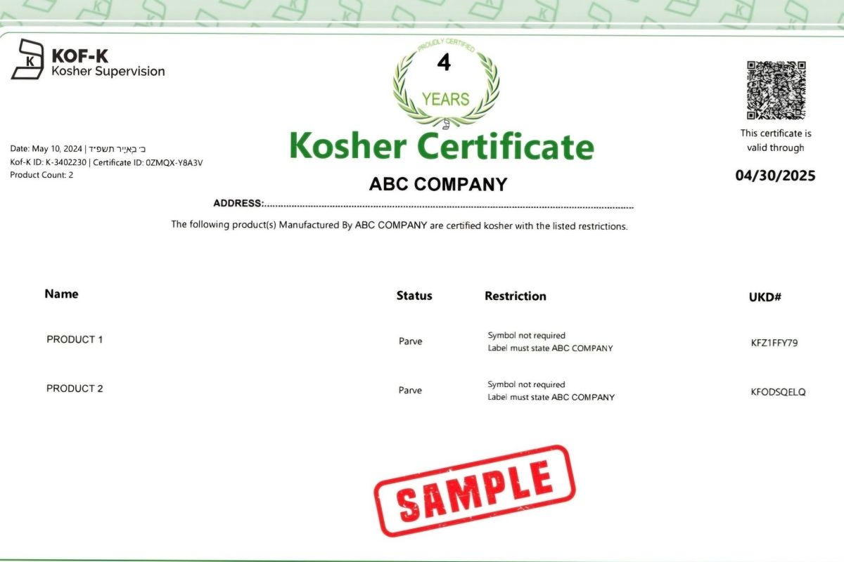 Mẫu chứng nhận đạt điều kiện Kosher của KOF-K