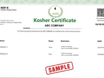 Mẫu chứng nhận đạt điều kiện Kosher của KOF-K